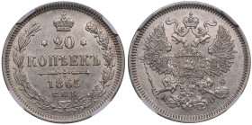 Russia 20 Kopecks 1865 СПБ-НФ - Alexander II (1855-1881) - NGC MS 62
An attractive specimen with mint luster. Bitkin 178. 