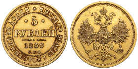 Russia 5 Roubles 1869 СПБ-HI - Alexander II (1855-1881)
6.53g. Au 0.917. UNC/AU. Mint luster. Small scratch. Bitkin 17. Quite rare year of issue. PLEA...