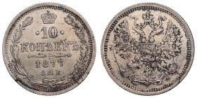 Russia 10 Kopecks 1877 СПБ-НI - Alexander II (1855-1881)
1.81g. UNC/AU. Charming mint state specimen, featuring bright luster and attractive old natur...