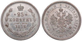 Russia 25 Kopecks 1878 CПБ-HФ - Alexander II (1855-1881)
5.16g. XF/AU. An attractive specimen with mint luster and elegant toning. Variety with the ex...