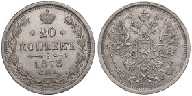 Russia 20 Kopecks 1878 СПБ-НФ - Alexander II (1855-1881)
3.39g. AU/UNC. Beautiful exemplar with mint luster and some toning. Bitkin 231. 