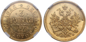 Russia 3 Roubles 1879 СПБ-НФ - Alexander II (1855-1881) - NGC MS 62
Standard weight - 3.93g. Au 0.917. Only 5 coins certified finer by NGC. Splendid l...