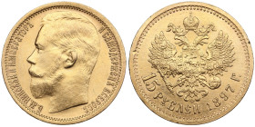 Russia 15 Roubles 1897 AГ - Nicholas II (1894-1917)
12.89g. Au 0.900. XF/XF+. Splendid lustrous exemplar. Despite being commonly encountered, it is ra...