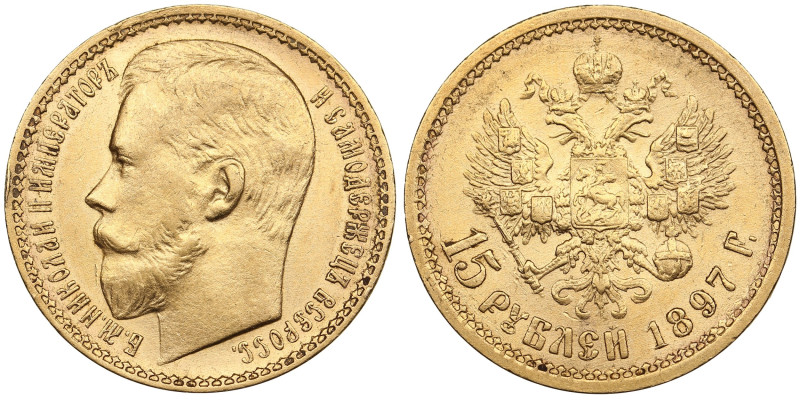 Russia 15 Roubles 1897 AГ - Nicholas II (1894-1917)
12.89g. Au 0.900. AU/AU. Att...