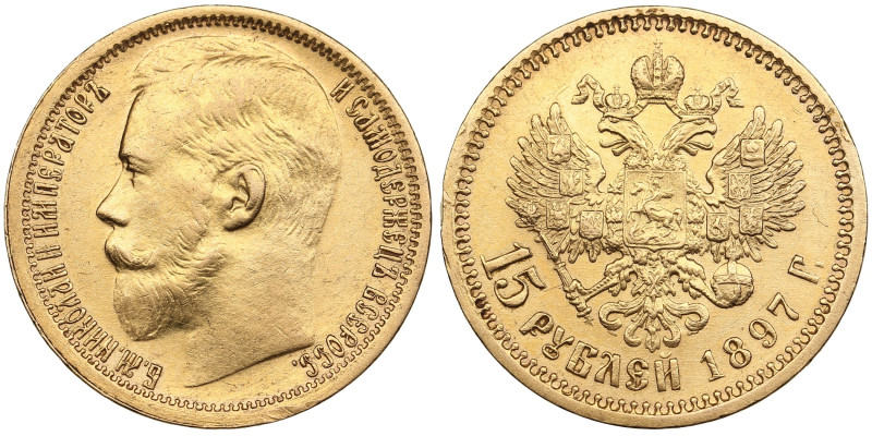 Russia 15 Roubles 1897 AГ - Nicholas II (1894-1917)
12.88g. Au 0.900. XF/AU. An ...