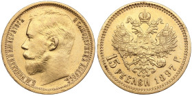 Russia 15 Roubles 1897 AГ - Nicholas II (1894-1917)
12.88g. Au 0.900. XF/AU. An attractive specimen. Despite being commonly encountered, it is rarely ...