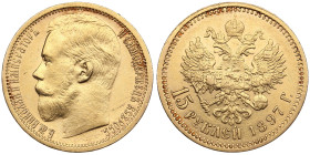 Russia 15 Roubles 1897 AГ - Nicholas II (1894-1917)
12.87g. Au 0.900. XF+/XF+. Some mint luster. "CC" behind the neck cut variety. Bitkin 1 R; Sidorov...