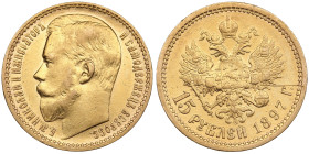 Russia 15 Roubles 1897 AГ - Nicholas II (1894-1917)
12.87g. Au 0.900. XF-/XF-. Scratch. Some mint luster. "OCC" behind the neck cut variety. Bitkin 2;...