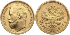 Russia 15 Roubles 1897 АГ - Nicholas II (1894-1917)
12.91g. Au 0.900. AU/UNC. Beautiful mint state specimen  with bright mint luster and good detailin...