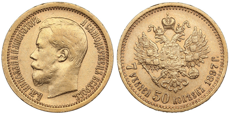 Russia 7 Roubles 50 Kopecks 1897 AГ - Nicholas II (1894-1917)
6.42g. Au 0.900. V...