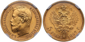Russia 5 Roubles 1897 (1923-1926) АГ - Nicholas II (1894-1917) - Soviet Issue - NGC MS 66
Standard weight - 4.3g. Au 0.900. Splendid brilliant exempla...