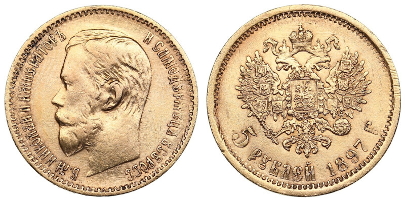 Russia 5 Roubles 1897 АГ - Nicholas II (1894-1917)
4.27g. Au 0.900. VF/XF+. Bitk...