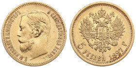 Russia 5 Roubles 1897 АГ - Nicholas II (1894-1917)
4.30g. Au 0.900. XF/AU. Bitkin 18; Sidorov 4971. PLEASE NOTE: This lot is subject to a reduced buye...