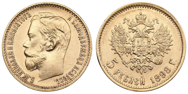 Russia 5 Roubles 1898 АГ - Nicholas II (1894-1917)
4.28g. Au 0.900. AU/XF+. Attr...