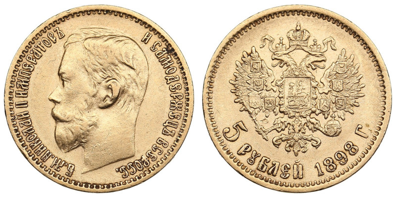 Russia 5 Roubles 1898 АГ - Nicholas II (1894-1917)
4.27g. Au 0.900. XF+/AU. Bitk...