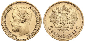 Russia 5 Roubles 1898 АГ - Nicholas II (1894-1917)
4.31g. Au 0.900. AU/UNC. Attractive lustrous exemplar. Bitkin 20; Sidorov 4981. PLEASE NOTE: This l...
