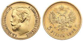Russia 5 Roubles 1898 АГ - Nicholas II (1894-1917)
4.29g. Au 0.900. XF/AU. Bitkin 20; Sidorov 4981. PLEASE NOTE: This lot is subject to a reduced buye...