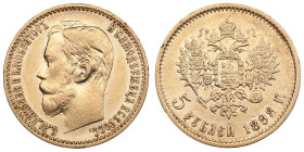 Russia 5 Roubles 1898 АГ - Nicholas II (1894-1917)
4.29g. Au 0.900. VF/XF+. Bitkin 20; Sidorov 4981. PLEASE NOTE: This lot is subject to a reduced buy...