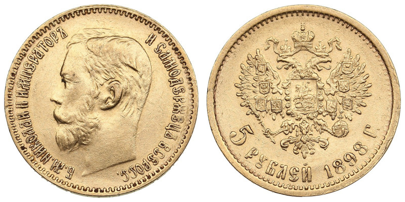 Russia 5 Roubles 1898 АГ - Nicholas II (1894-1917)
4.32g. Au 0.900. AU/AU. Bitki...