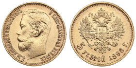 Russia 5 Roubles 1898 АГ - Nicholas II (1894-1917)
4.30g. Au 0.900. AU/UNC. Splendid lustrous exemplar. Bitkin 20; Sidorov 4981. PLEASE NOTE: This lot...