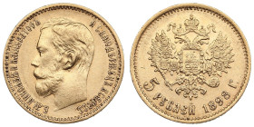 Russia 5 Roubles 1898 АГ - Nicholas II (1894-1917)
4.29g. Au 0.900. AU/AU. Attractive exemplar. Bitkin 20; Sidorov 4981. PLEASE NOTE: This lot is subj...
