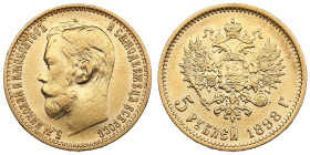 Russia 5 Roubles 1898 АГ - Nicholas II (1894-1917)
4.26g. Au 0.900. XF/XF+. Bitkin 20; Sidorov 4981. PLEASE NOTE: This lot is subject to a reduced buy...