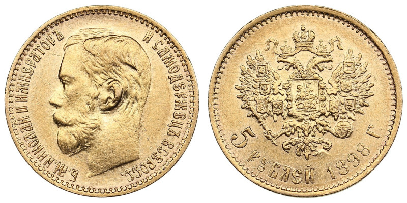 Russia 5 Roubles 1898 АГ - Nicholas II (1894-1917)
4.30g. Au 0.900. AU/AU. Attra...