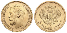 Russia 5 Roubles 1898 АГ - Nicholas II (1894-1917)
4.28g. Au 0.900. UNC/UNC. Charming lustrous exemplar. Bitkin 20; Sidorov 4981. PLEASE NOTE: This lo...