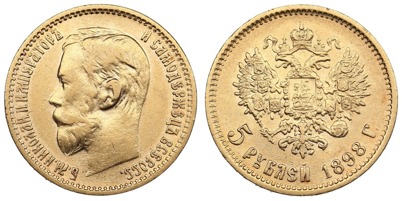 Russia 5 Roubles 1898 АГ - Nicholas II (1894-1917)
4.26g. Au 0.900. VF/XF. Bitki...