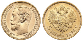 Russia 5 Roubles 1898 АГ - Nicholas II (1894-1917)
4.30g. Au 0.900. XF/AU. Bitkin 20; Sidorov 4981. PLEASE NOTE: This lot is subject to a reduced buye...