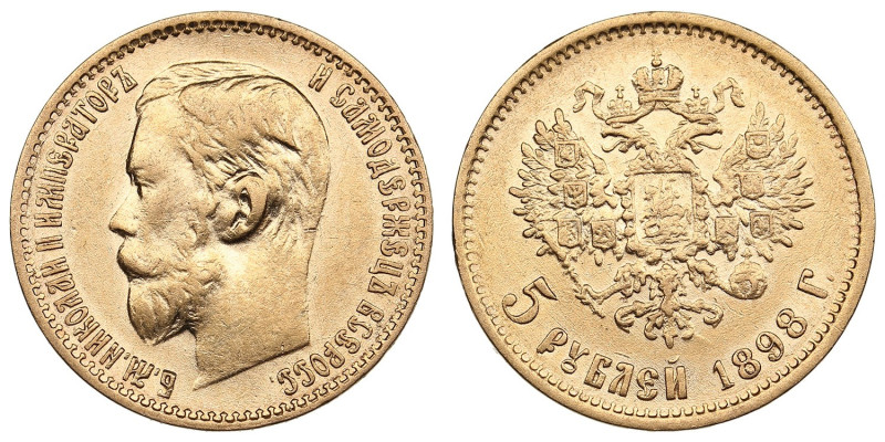 Russia 5 Roubles 1898 АГ - Nicholas II (1894-1917)
4.29g. Au 0.900. VF/XF. Bitki...