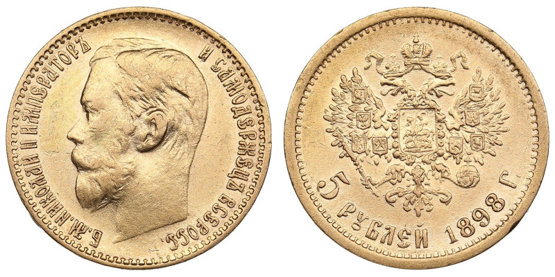 Russia 5 Roubles 1898 АГ - Nicholas II (1894-1917)
4.26g. Au 0.900. VF/XF. Bitki...