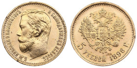 Russia 5 Roubles 1898 АГ - Nicholas II (1894-1917)
4.30g. Au 0.900. VF/XF. Bitkin 20; Sidorov 4981. PLEASE NOTE: This lot is subject to a reduced buye...