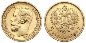 Russia 5 Roubles 1898 АГ - Nicholas II (1894-1917)
4.29g. Au 0.900. XF/XF. Bitkin 20; Sidorov 4981. PLEASE NOTE: This lot is subject to a reduced buye...