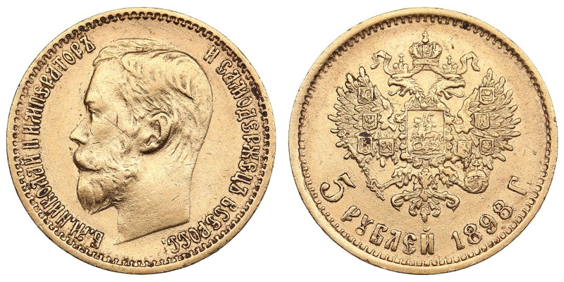 Russia 5 Roubles 1898 АГ - Nicholas II (1894-1917)
4.27g. Au 0.900. XF/XF+. Bitk...