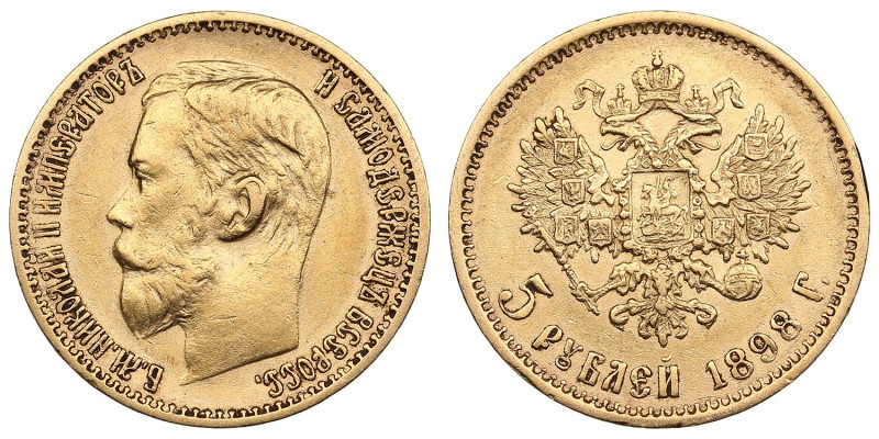 Russia 5 Roubles 1898 АГ - Nicholas II (1894-1917)
4.27g. Au 0.900. XF-/XF+. Bit...