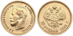Russia 10 Roubles 1899 AГ - Nicholas II (1894-1917)
8.58g. Au 0.900. XF/AU. Bitkin 4; Sidorov 2991. PLEASE NOTE: This lot is subject to a reduced buye...