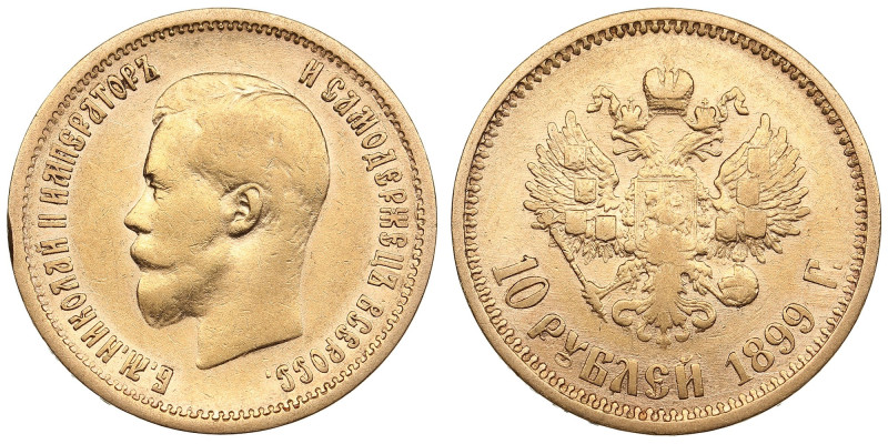Russia 10 Roubles 1899 AГ - Nicholas II (1894-1917)
8.51g. Au 0.900. VF/VF-. Bit...