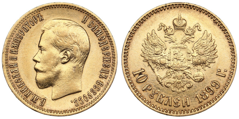 Russia 10 Roubles 1899 AГ - Nicholas II (1894-1917)
8.59g. Au 0.900. XF/XF+. Bea...
