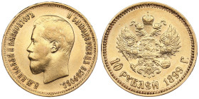 Russia 10 Roubles 1899 AГ - Nicholas II (1894-1917)
8.58g. Au 0.900. XF+/AU. Attractive exemplar. Bitkin 4; Sidorov 2991. PLEASE NOTE: This lot is sub...