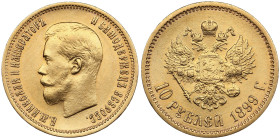 Russia 10 Roubles 1899 ФЗ - Nicholas II (1894-1917)
8.58g. Au 0.900. XF+/AU. An attractive lustrous specimen with good relief details. Bitkin 6; Sidor...