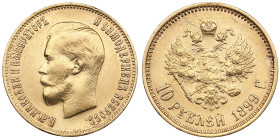 Russia 10 Roubles 1899 ФЗ - Nicholas II (1894-1917)
8.59g. Au 0.900. VF/XF-. Transitional type of obverse; early type of reverse. Bitkin 4; Sidorov 29...