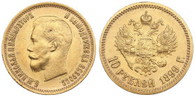 Russia 10 Roubles 1899 ФЗ - Nicholas II (1894-1917)
8.59g. Au 0.900. AU/AU. An attractive specimen with mint luster. Bitkin 6; Sidorov 2993. PLEASE NO...