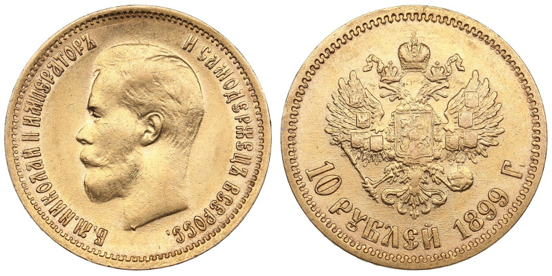 Russia 10 Roubles 1899 ФЗ - Nicholas II (1894-1917)
8.59g. Au 0.900. VF/XF-. Tra...