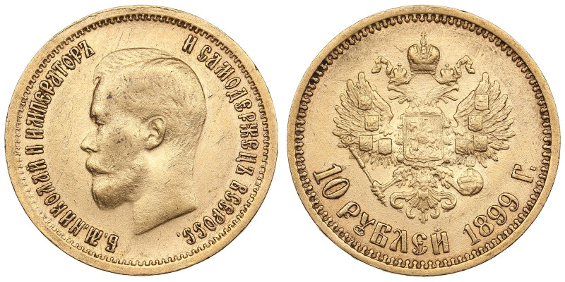 Russia 10 Roubles 1899 ФЗ - Nicholas II (1894-1917)
8.59g. Au 0.900. VF/XF. Tran...