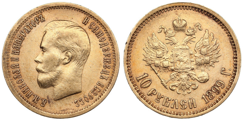 Russia 10 Roubles 1899 ФЗ - Nicholas II (1894-1917)
8.58g. Au 0.900. AU/XF+. Min...
