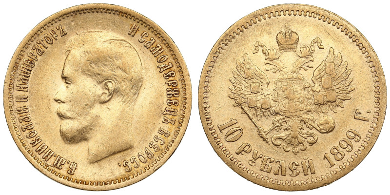 Russia 10 Roubles 1899 ФЗ - Nicholas II (1894-1917)
8.57g. Au 0.900. VF/XF-. Tra...