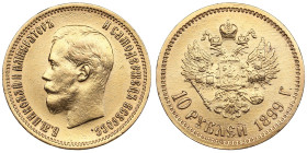Russia 10 Roubles 1899 ФЗ - Nicholas II (1894-1917)
8.60g. Au 0.900. XF/XF+. Beautiful specimen with mint luster and nice relief details. This year is...