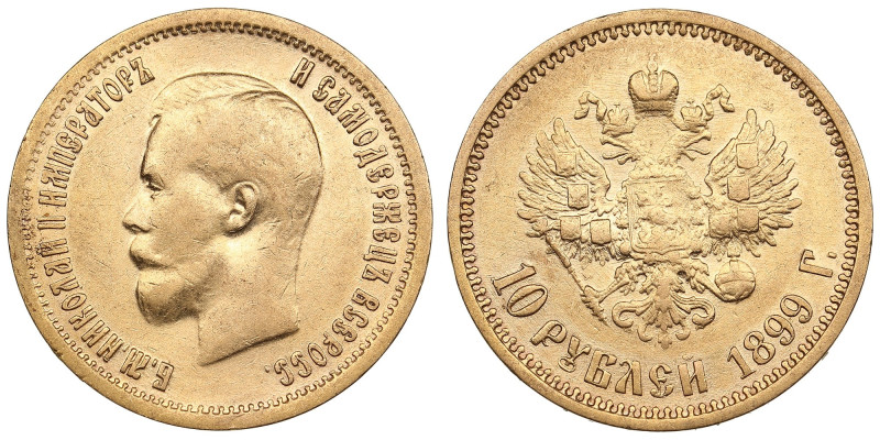 Russia 10 Roubles 1899 ФЗ - Nicholas II (1894-1917)
8.56g. Au 0.900. VF/VF+. Tra...
