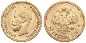 Russia 10 Roubles 1899 ЭБ - Nicholas II (1894-1917)
8.55g. Au 0.900. XF-/VF+. Bitkin 5; Sidorov 2992. PLEASE NOTE: This lot is subject to a reduced bu...